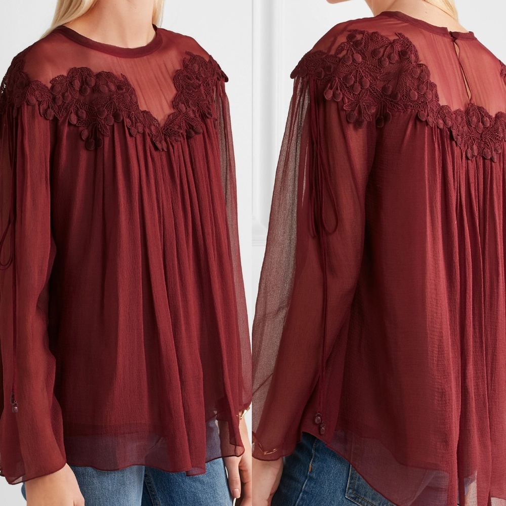 CHLOÉ Guipure Lace-trimmed Silk-mousseline Blouse - Picture 2 of 15